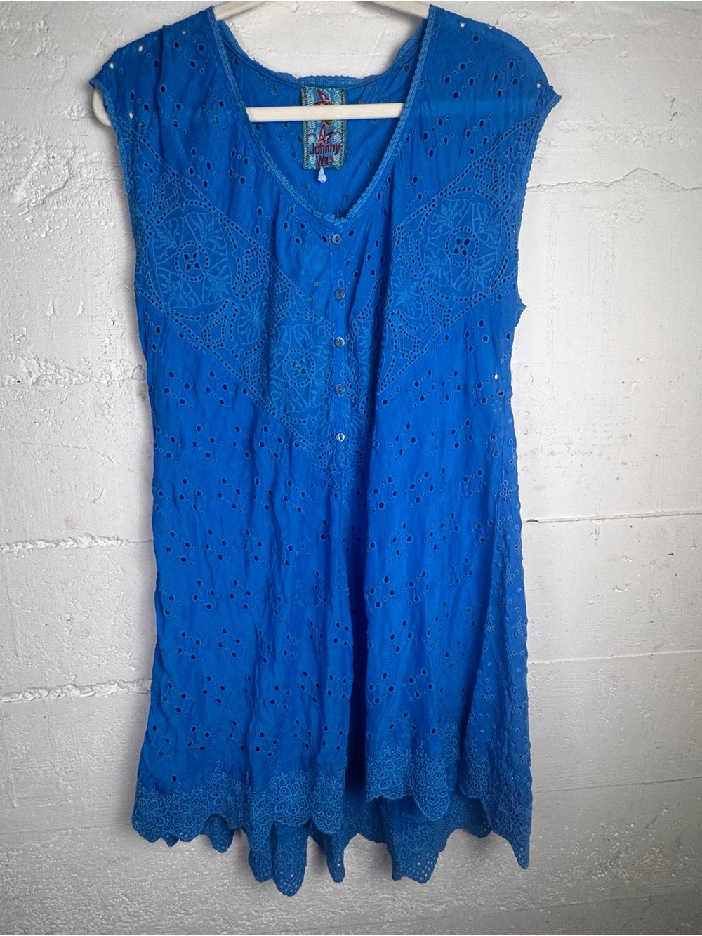 Johnny Was Hackamore Tunic Boho Eyelet Button-Front Women's Top Cobalt Blue NWT